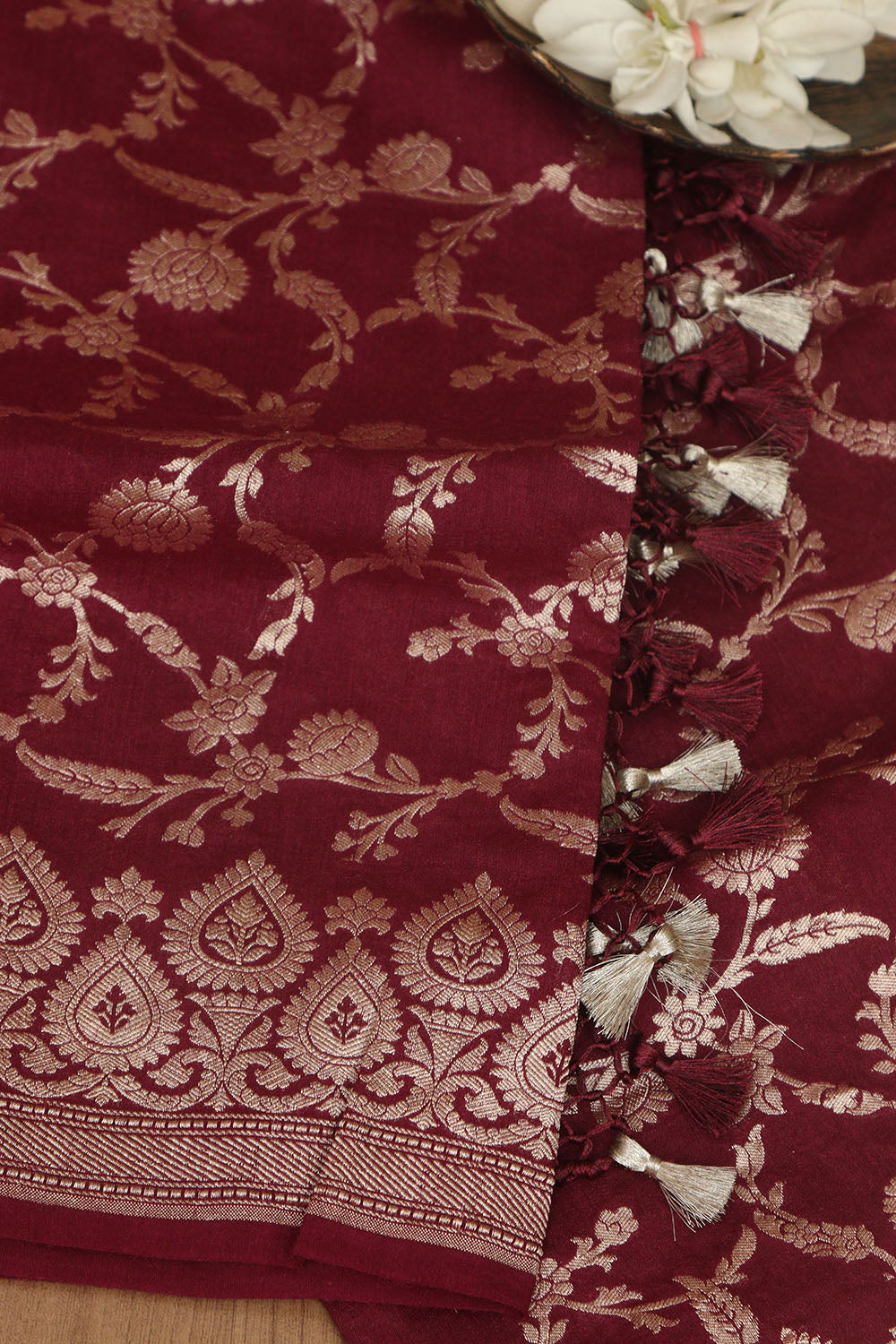 Elegance Maroon Banarasi Handloom Pure Moonga Silk Dupatta - Luxurion World- Crafted Heirlooms