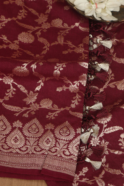 Elegance Maroon Banarasi Handloom Pure Moonga Silk Dupatta - Luxurion World