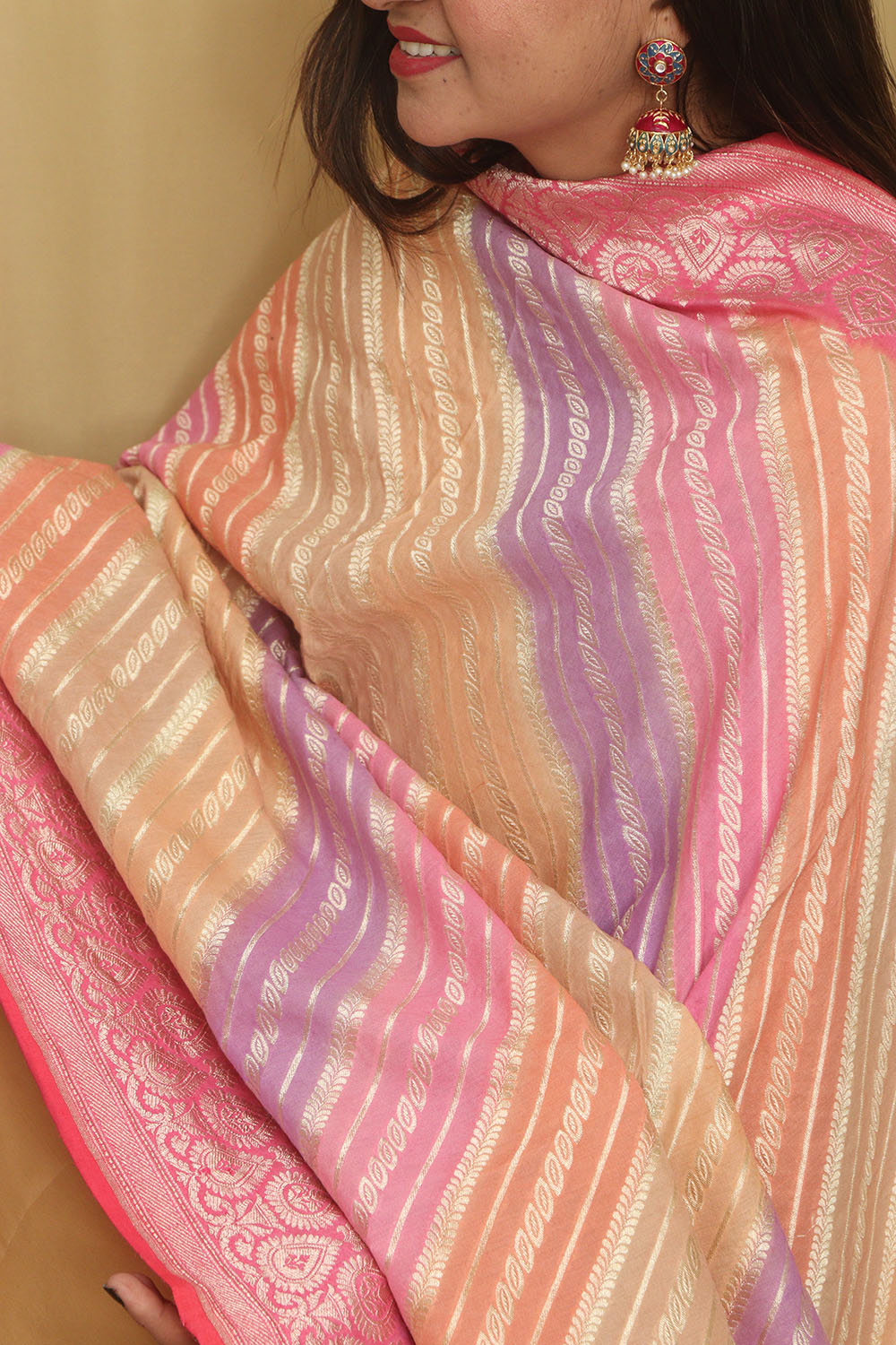 Multicolor Banarasi Handloom Pure Moonga Silk Rangkat Dupatta - Luxurion World- Crafted Heirlooms