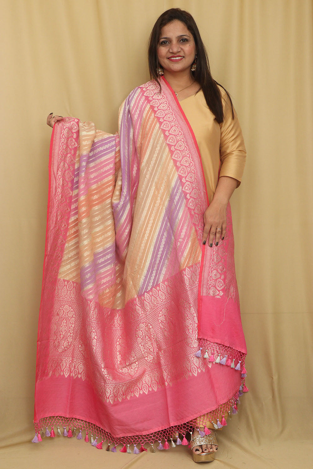 Multicolor Banarasi Handloom Pure Moonga Silk Rangkat Dupatta - Luxurion World- Crafted Heirlooms