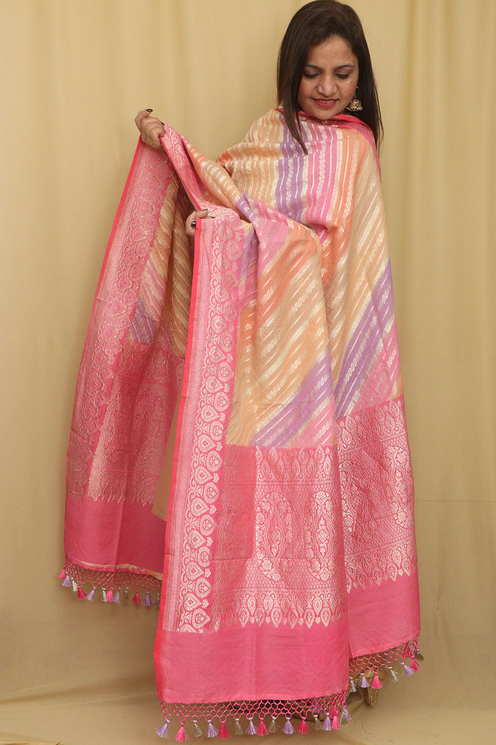 Multicolor Banarasi Handloom Pure Moonga Silk Rangkat Dupatta - Luxurion World- Crafted Heirlooms