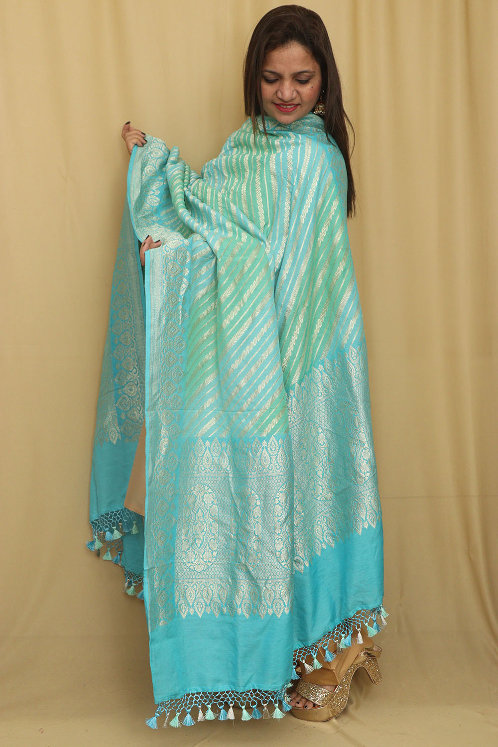 Multicolor Banarasi Handloom Pure Moonga Silk Rangkat Dupatta - Luxurion World- Crafted Heirlooms