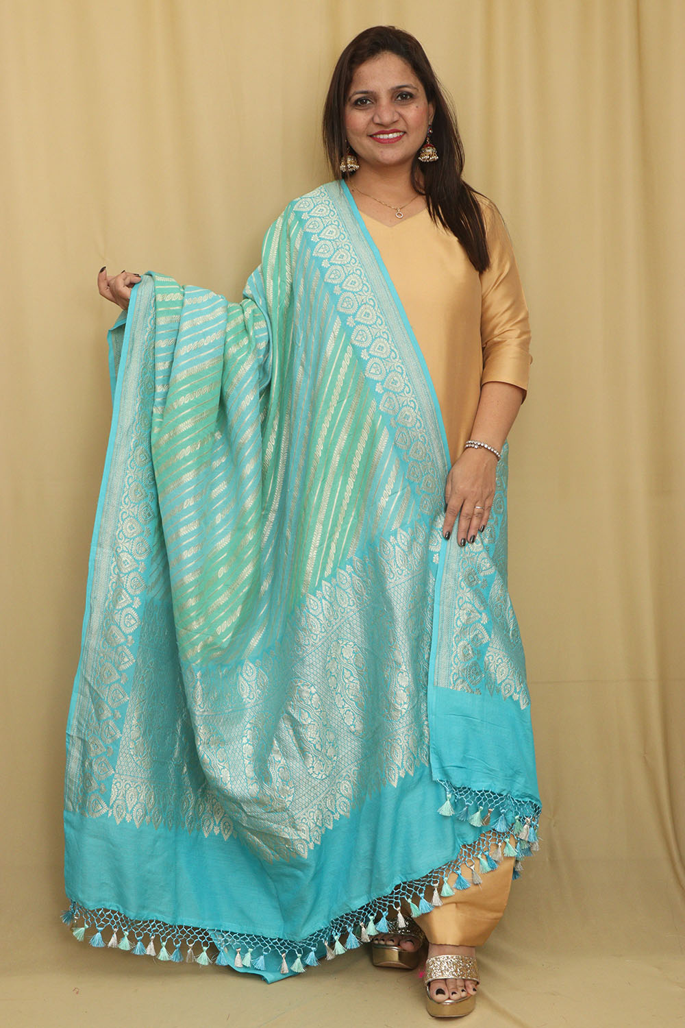 Multicolor Banarasi Handloom Pure Moonga Silk Rangkat Dupatta - Luxurion World- Crafted Heirlooms