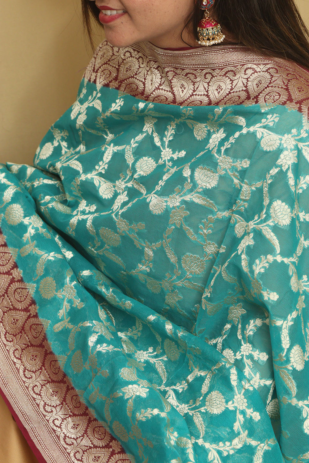 Exquisite Blue Banarasi Handloom Pure Georgette Dupatta - Luxurion World- Crafted Heirlooms