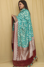 Exquisite Blue Banarasi Handloom Pure Georgette Dupatta - Luxurion World- Crafted Heirlooms