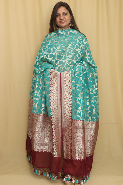 Exquisite Blue Banarasi Handloom Pure Georgette Dupatta - Luxurion World