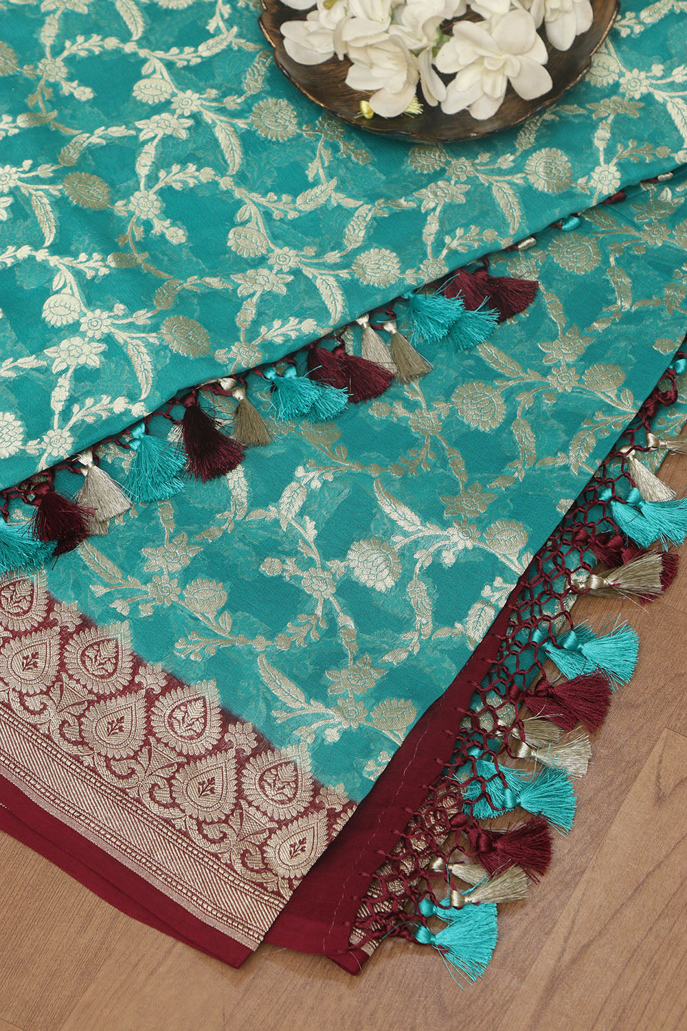 Exquisite Blue Banarasi Handloom Pure Georgette Dupatta - Luxurion World- Crafted Heirlooms