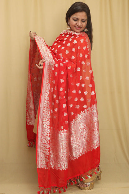 Exquisite Red Banarasi Handloom Pure Georgette Dupatta - Luxurion World