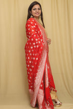 Exquisite Red Banarasi Handloom Pure Georgette Dupatta - Luxurion World- Crafted Heirlooms