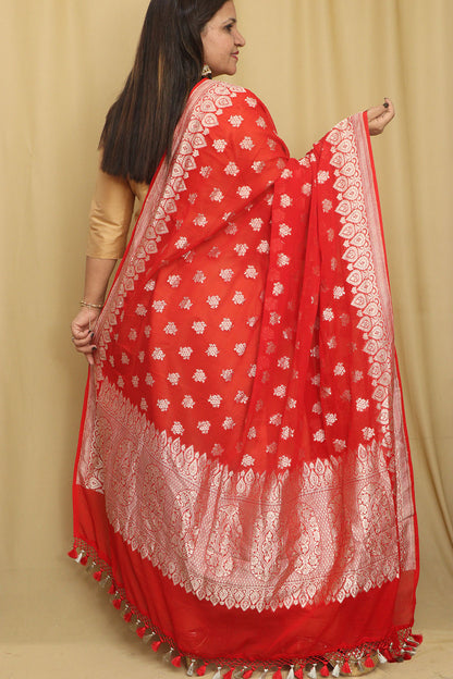 Exquisite Red Banarasi Handloom Pure Georgette Dupatta - Luxurion World