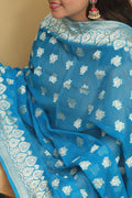 Exquisite Blue Banarasi Handloom Pure Georgette Dupatta - Luxurion World- Crafted Heirlooms