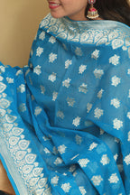 Exquisite Blue Banarasi Handloom Pure Georgette Dupatta - Luxurion World- Crafted Heirlooms