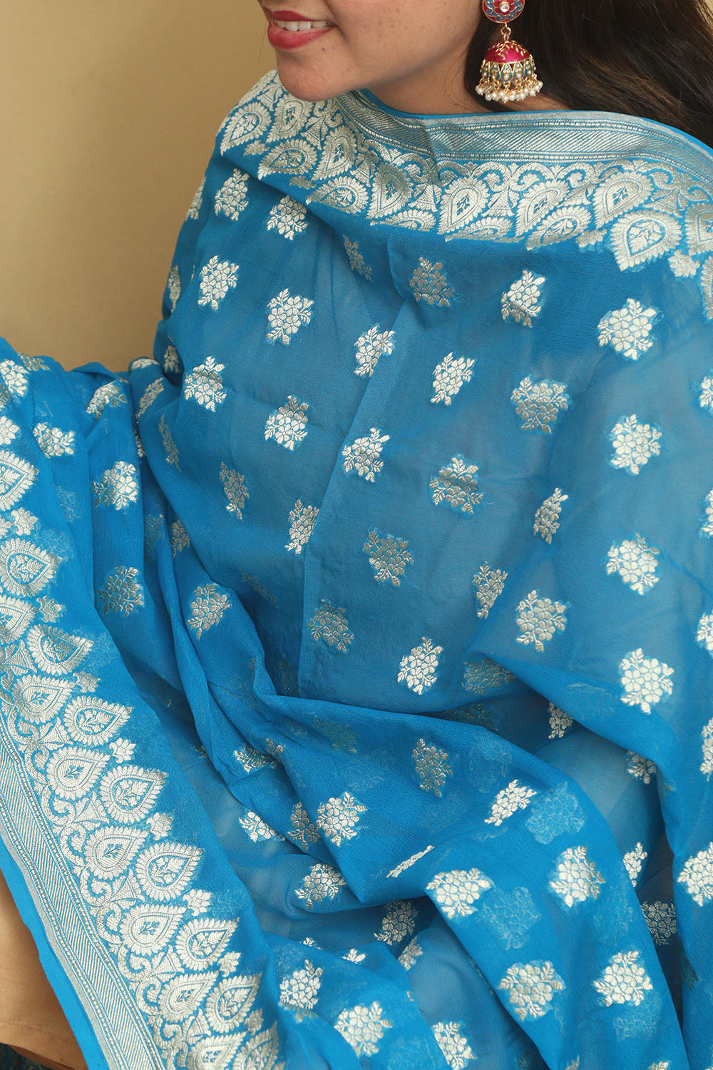 Exquisite Blue Banarasi Handloom Pure Georgette Dupatta - Luxurion World- Crafted Heirlooms