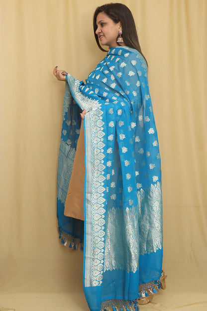 Exquisite Blue Banarasi Handloom Pure Georgette Dupatta - Luxurion World