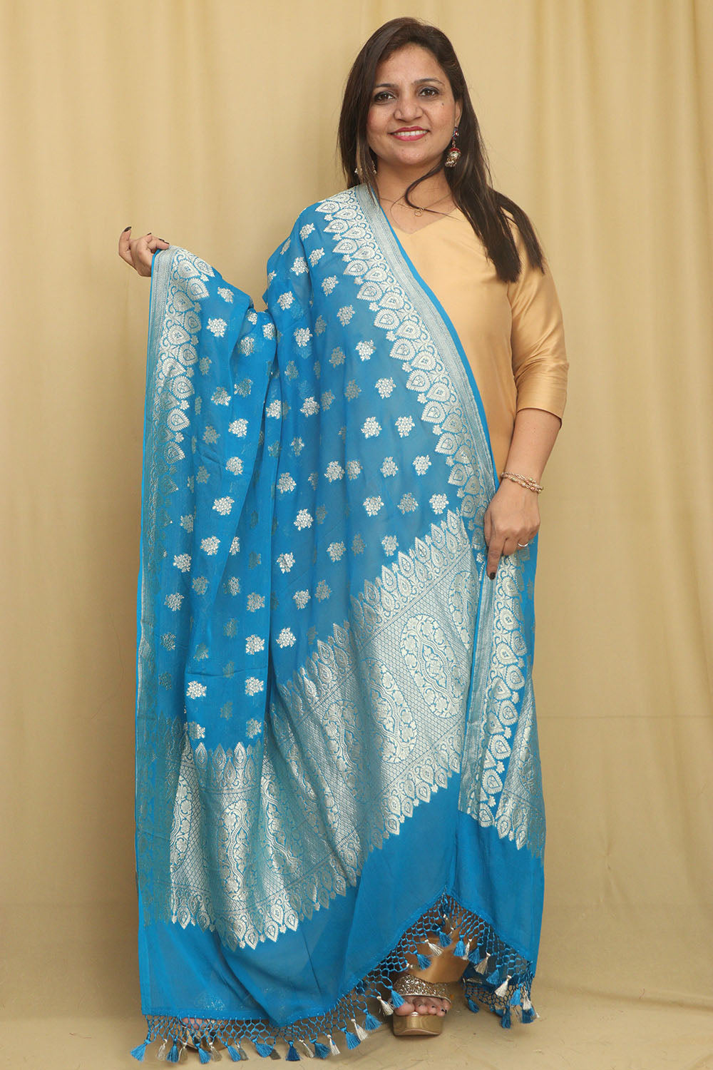 Exquisite Blue Banarasi Handloom Pure Georgette Dupatta - Luxurion World- Crafted Heirlooms