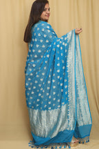 Exquisite Blue Banarasi Handloom Pure Georgette Dupatta - Luxurion World- Crafted Heirlooms