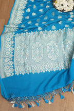 Exquisite Blue Banarasi Handloom Pure Georgette Dupatta - Luxurion World- Crafted Heirlooms