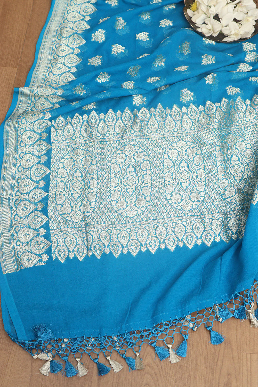 Exquisite Blue Banarasi Handloom Pure Georgette Dupatta - Luxurion World- Crafted Heirlooms