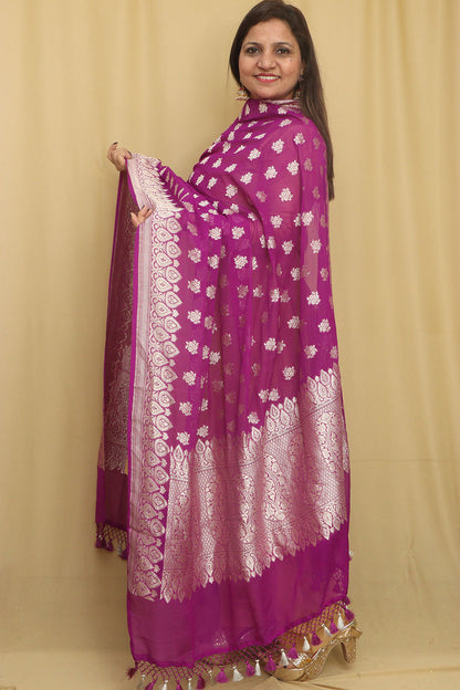 Exquisite Purple Banarasi Handloom Pure Georgette Dupatta - Luxurion World