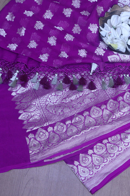 Exquisite Purple Banarasi Handloom Pure Georgette Dupatta - Luxurion World
