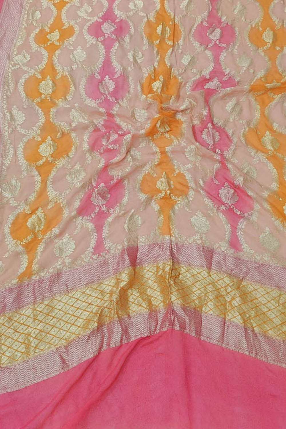 Pink & Yellow Handloom Banarasi Pure Georgette Brush Dye Dupatta - Luxurion World