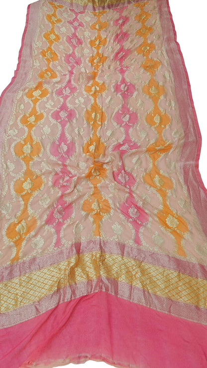 Pink & Yellow Handloom Banarasi Pure Georgette Brush Dye Dupatta - Luxurion World