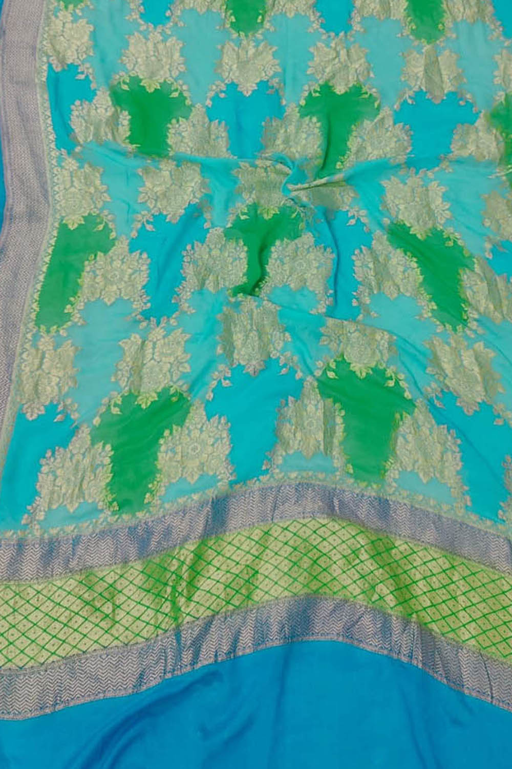 Blue & Green Handloom Banarasi Pure Georgette Brush Dye Dupatta - Luxurion World