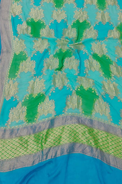 Blue & Green Handloom Banarasi Pure Georgette Brush Dye Dupatta - Luxurion World