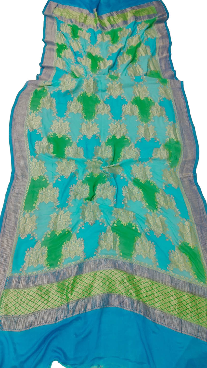 Blue & Green Handloom Banarasi Pure Georgette Brush Dye Dupatta - Luxurion World
