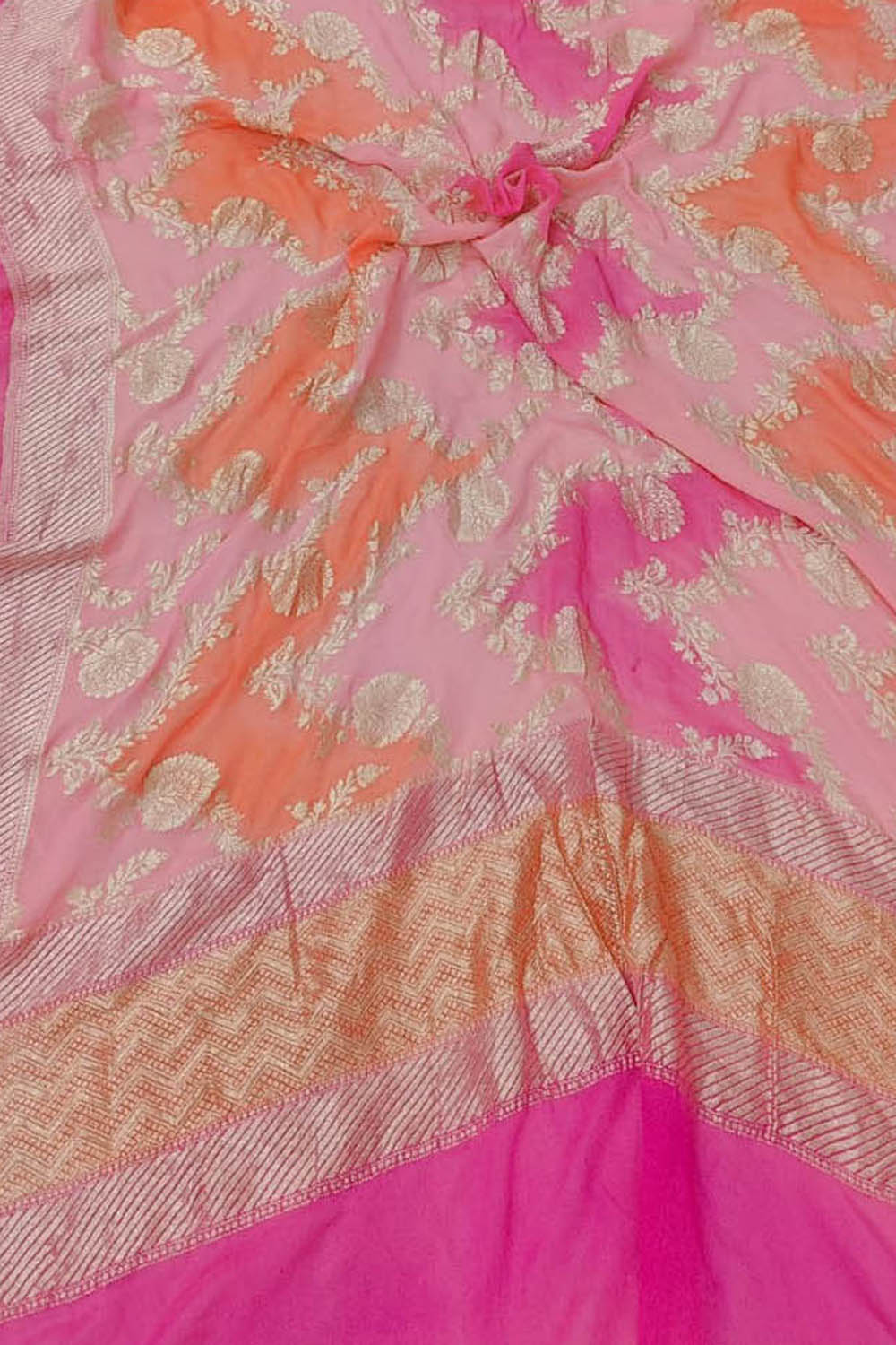 Pink And Orange Handloom Banarasi Pure Georgette Brush Dye Dupatta - Luxurion World