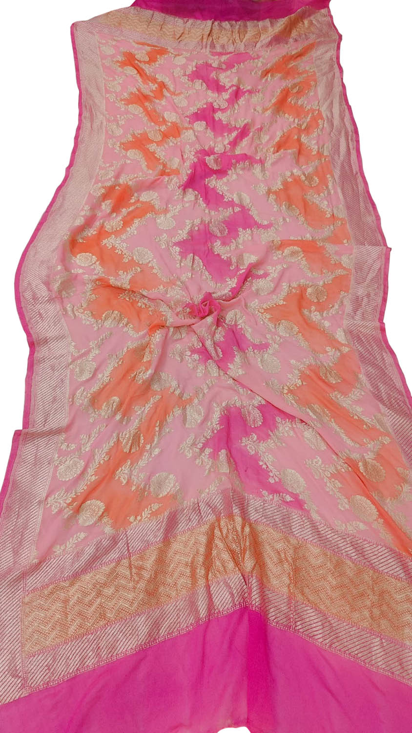 Pink And Orange Handloom Banarasi Pure Georgette Brush Dye Dupatta - Luxurion World