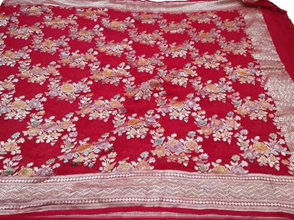 Red Handloom Banarasi Pure Georgette Brush Dye Flower Design Dupatta - Luxurion World