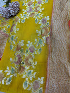 Yellow Handloom Banarasi Pure Georgette Brush Dye Flower Design Dupatta - Luxurion World