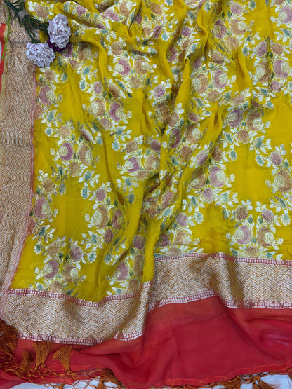 Yellow Handloom Banarasi Pure Georgette Brush Dye Flower Design Dupatta - Luxurion World