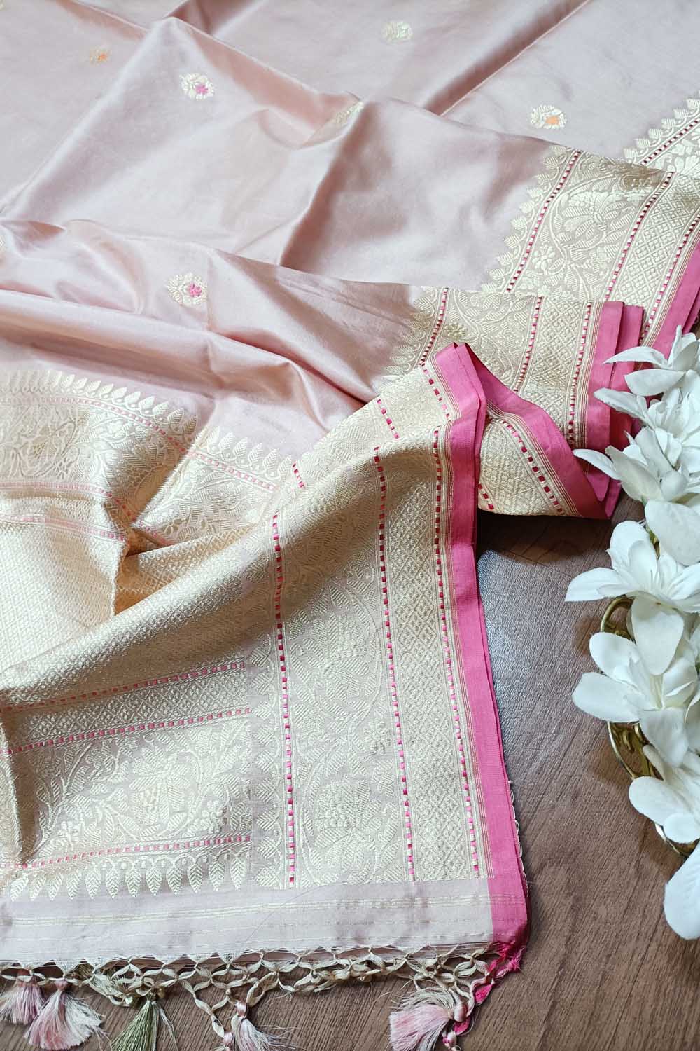 Pink Peach Handloom Banarasi Pure Katan Silk Dupatta - Luxurion World