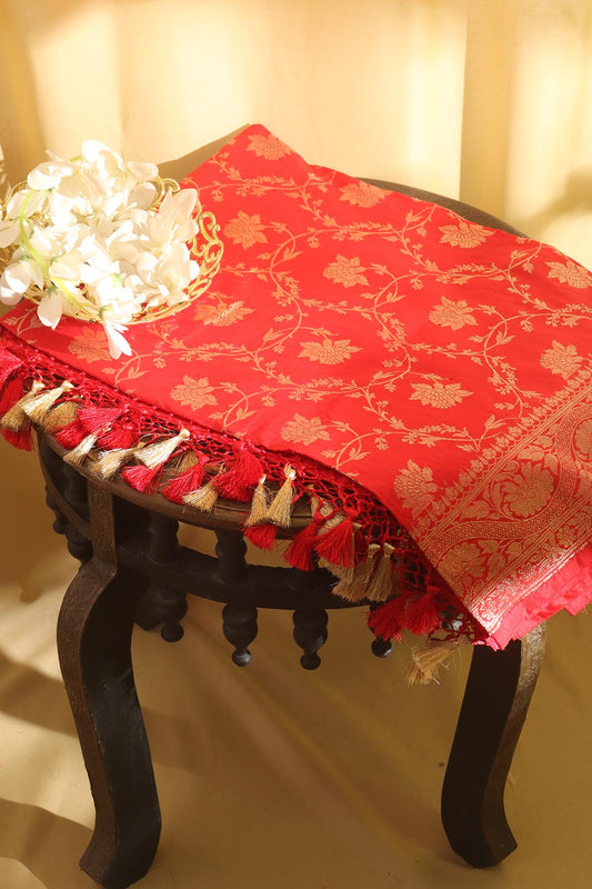 Red Handloom Banarasi Pure Katan Silk Dupatta - Luxurion World