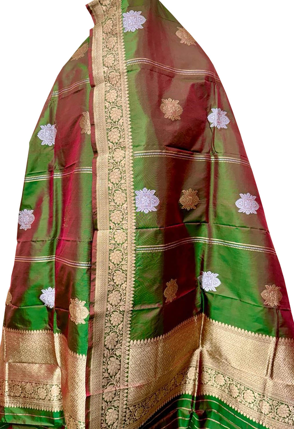 Green Banarasi Handloom Pure Katan Silk Dupatta - Luxurion World