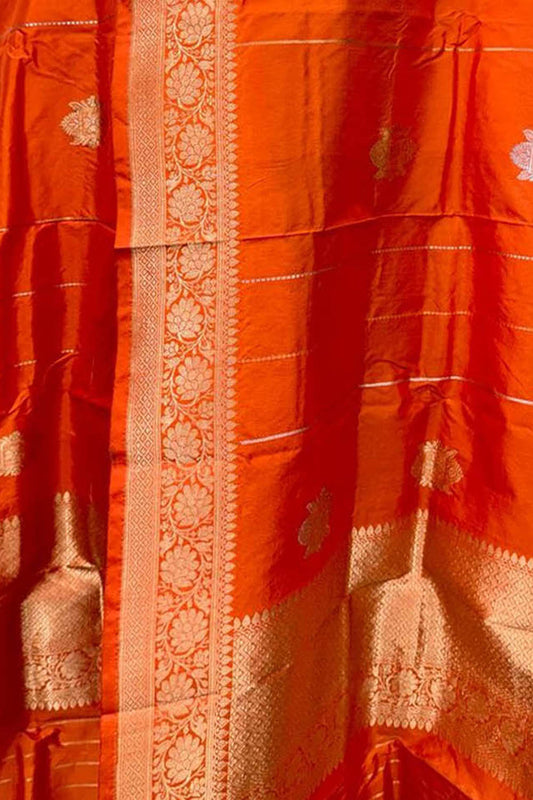Orange Banarasi Handloom Pure Katan Silk Dupatta - Luxurion World
