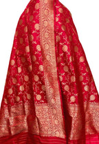 Exquisite Red Banarasi Silk Dupatta - Handloom Katan - Luxurion World