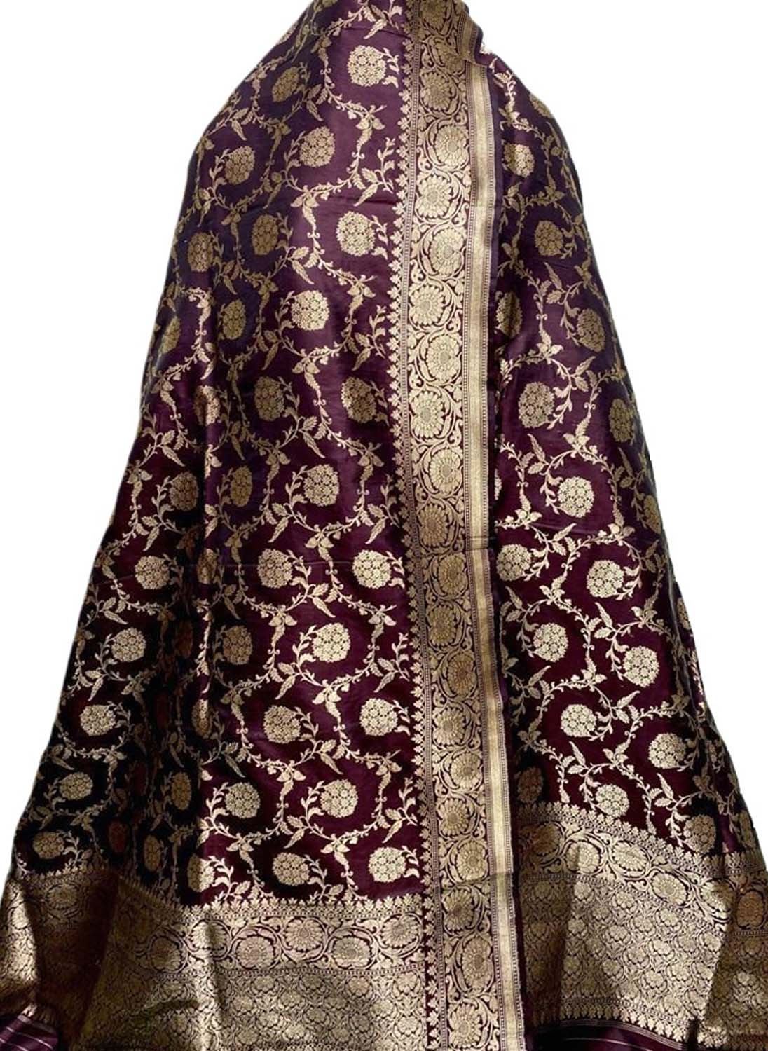 Maroon Banarasi Handloom Pure Katan Silk Dupatta - Luxurion World