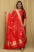 Red Banarasi Handloom Pure Katan Silk Dupatta - Luxurion World- Crafted Heirlooms