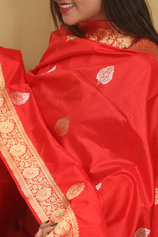 Red Banarasi Handloom Pure Katan Silk Dupatta - Luxurion World