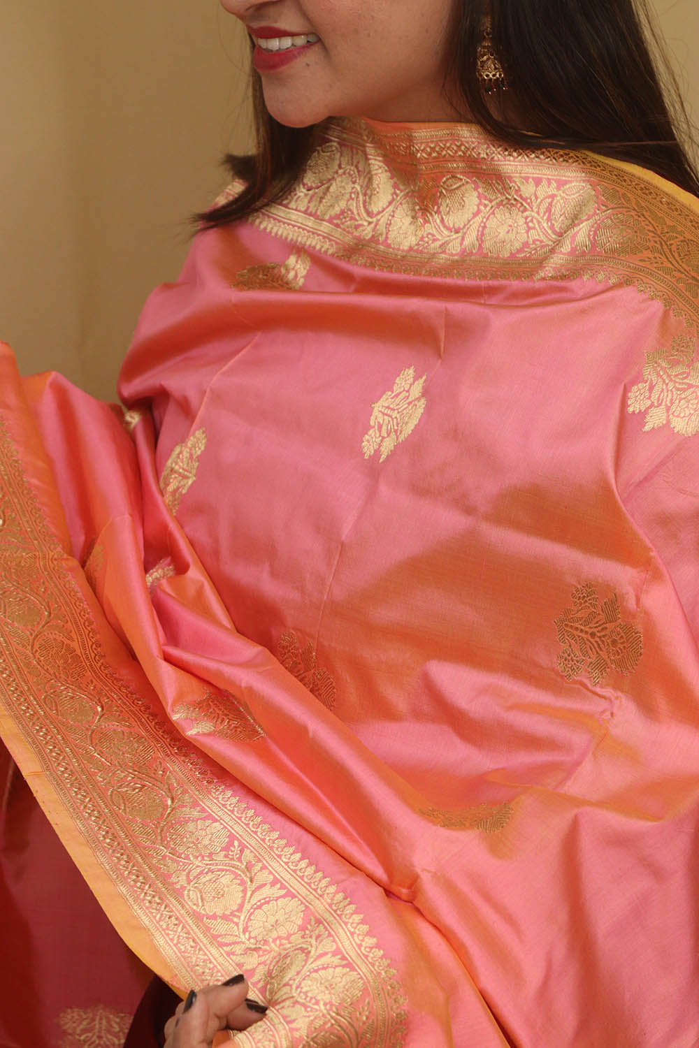 Pink Banarasi Handloom Pure Katan Silk Dupatta - Luxurion World