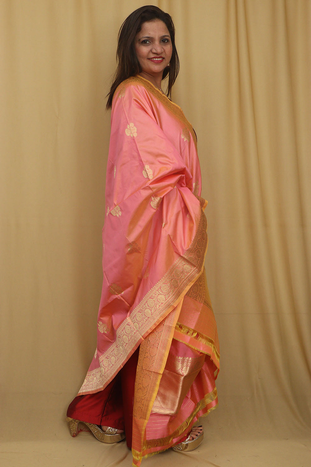 Pink Banarasi Handloom Pure Katan Silk Dupatta - Luxurion World