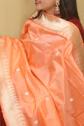 Elegant Peach Banarasi Handloom Pure Katan Silk Dupatta - Luxurion World- Crafted Heirlooms