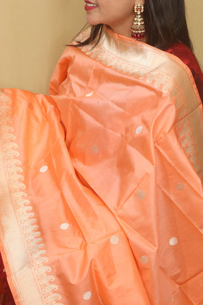 Elegant Peach Banarasi Handloom Pure Katan Silk Dupatta - Luxurion World