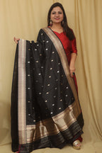 Exquisite Black Banarasi Handloom Pure Katan Silk Dupatta - Luxurion World- Crafted Heirlooms
