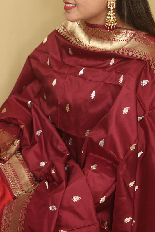 Elegant Maroon Banarasi Handloom Pure Katan Silk Dupatta - Luxurion World