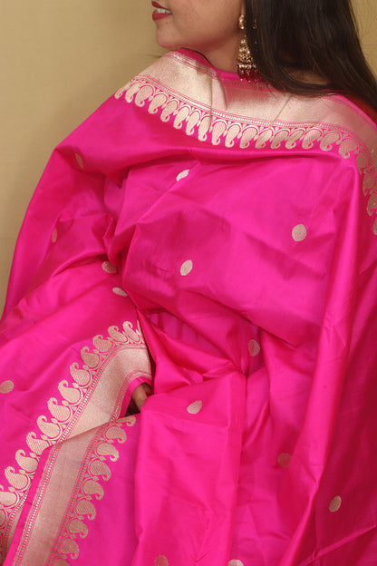 Pink Banarasi Handloom Pure Katan Silk Dupatta - Luxurion World