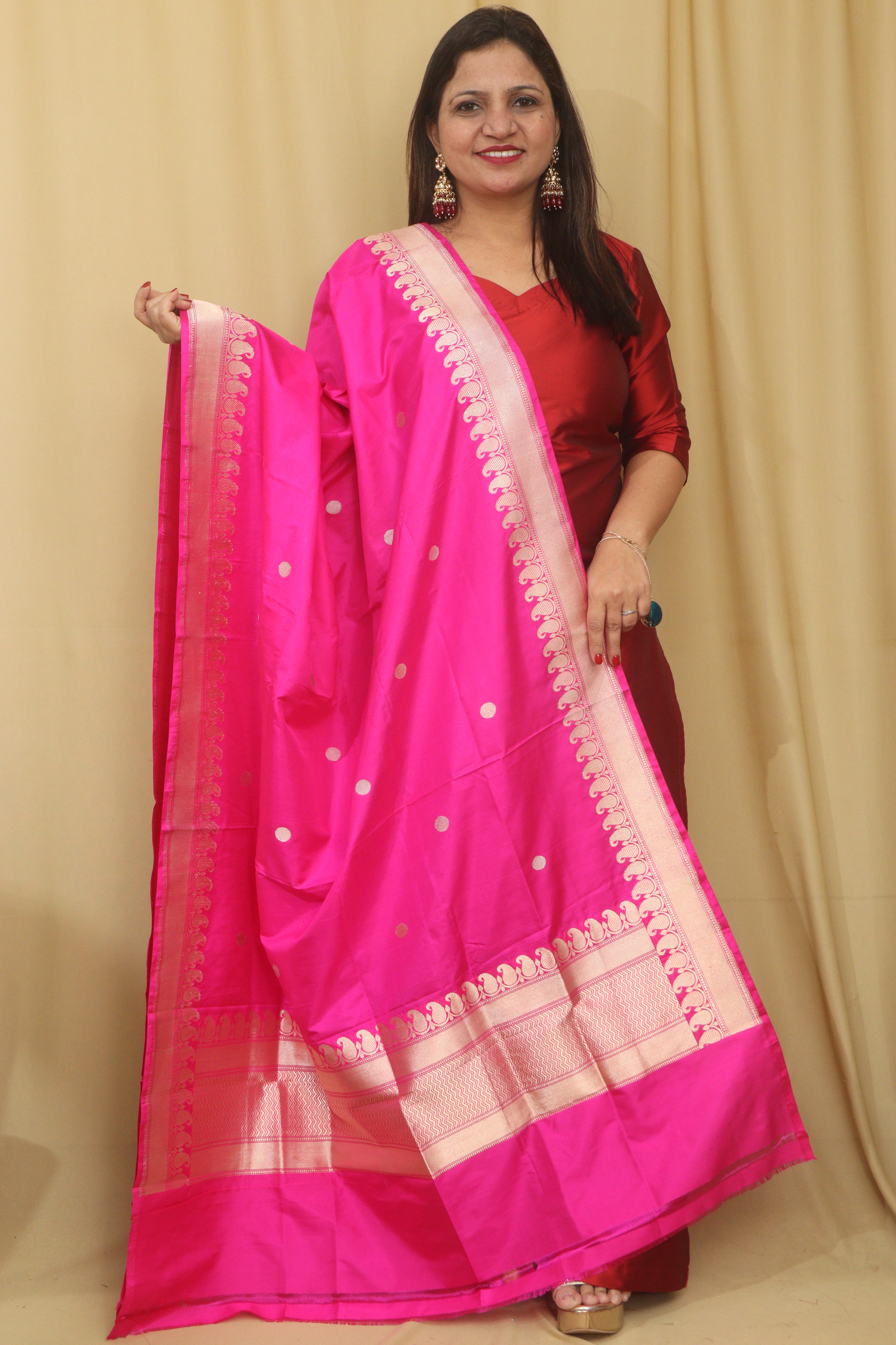 Pink Banarasi Handloom Pure Katan Silk Dupatta - Luxurion World- Crafted Heirlooms